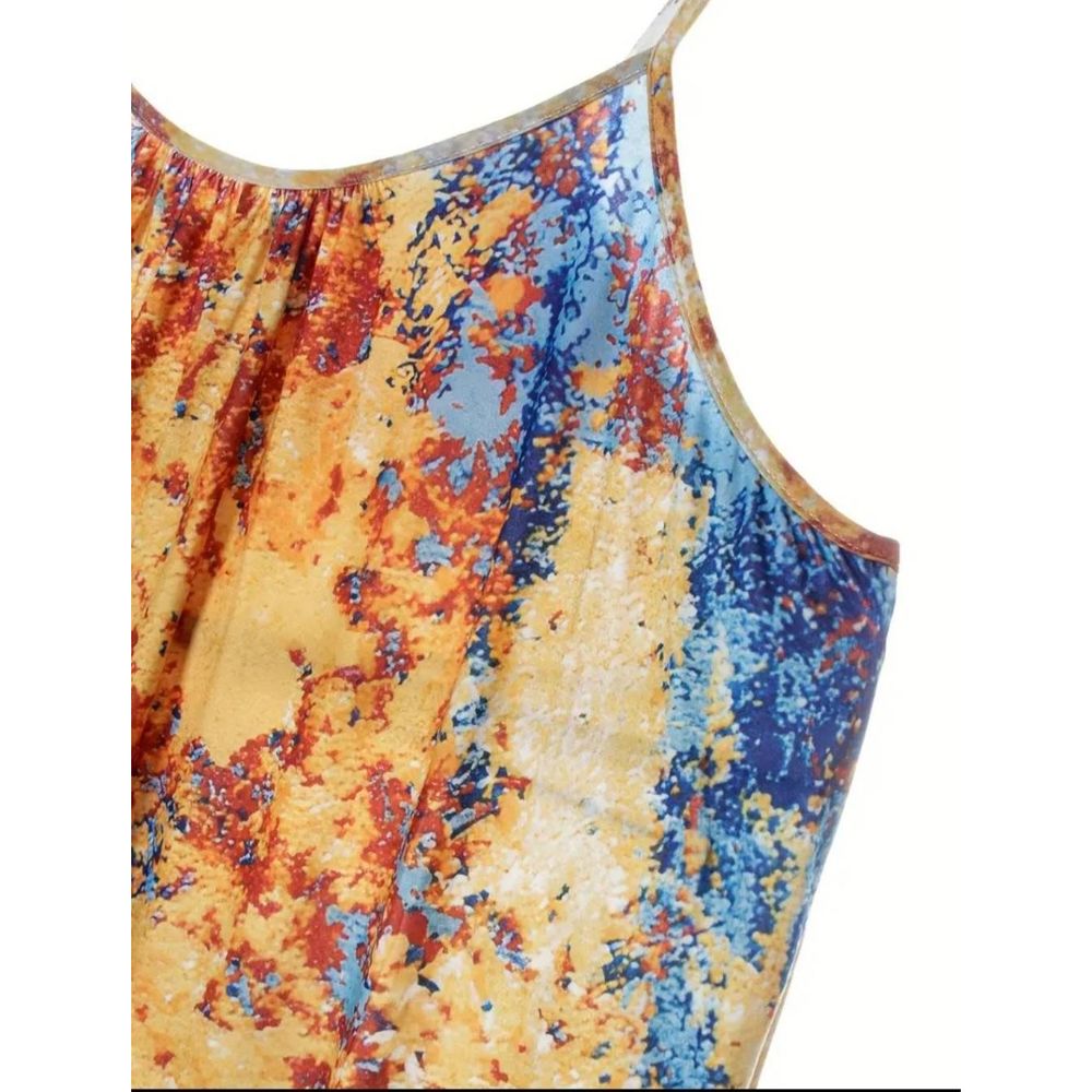 Mixed Color Boho Jumpsuit, Tie Dye Round Neck Wide Leg Slight with Stretch 14 - Picture 5 of 7